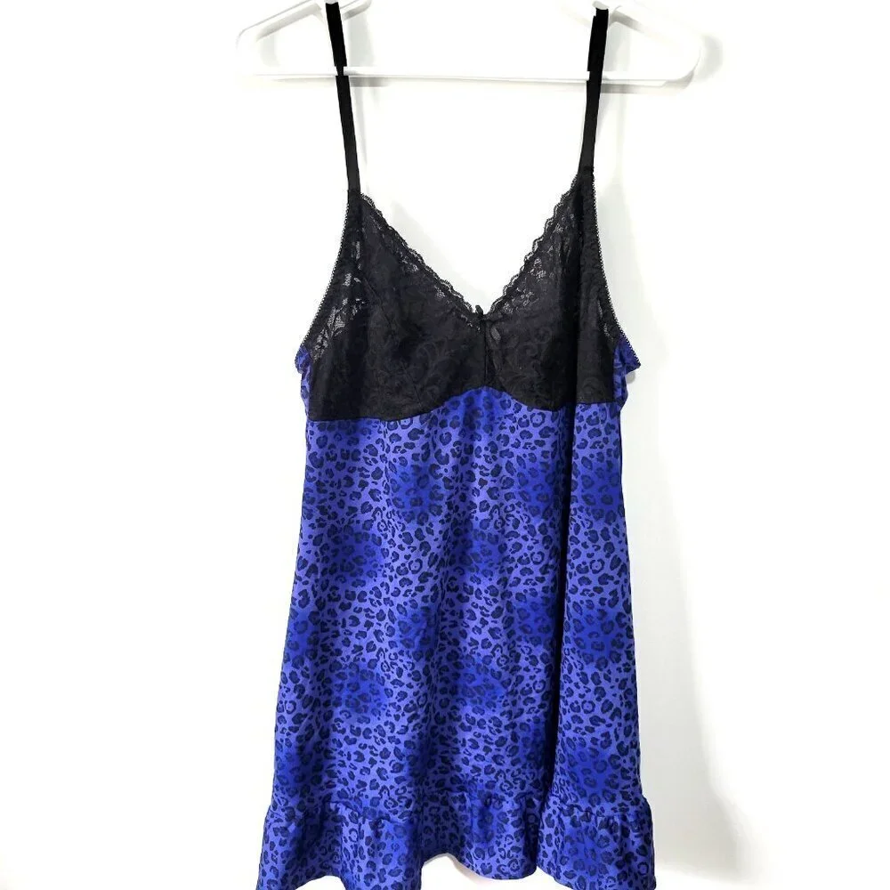 Body Form Nightgown 2X Plus Size Women Sexy Black Lace Cups Cheetah Print Ruffle